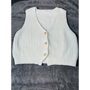 White Chunky Knit Button Front Sweater Vest V-Neck Large Pastel Croquette Preppy